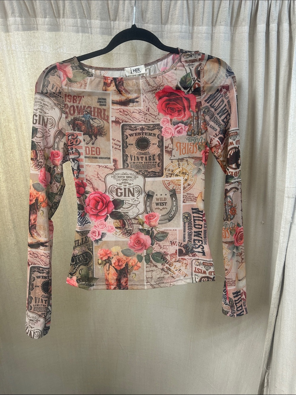 Vintage Western Graphic Long-Sleeve Mesh Tee